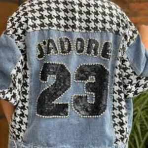 Source Unknown Light Blue Denim Jacket with Black Houndstooth and Studded '23'
